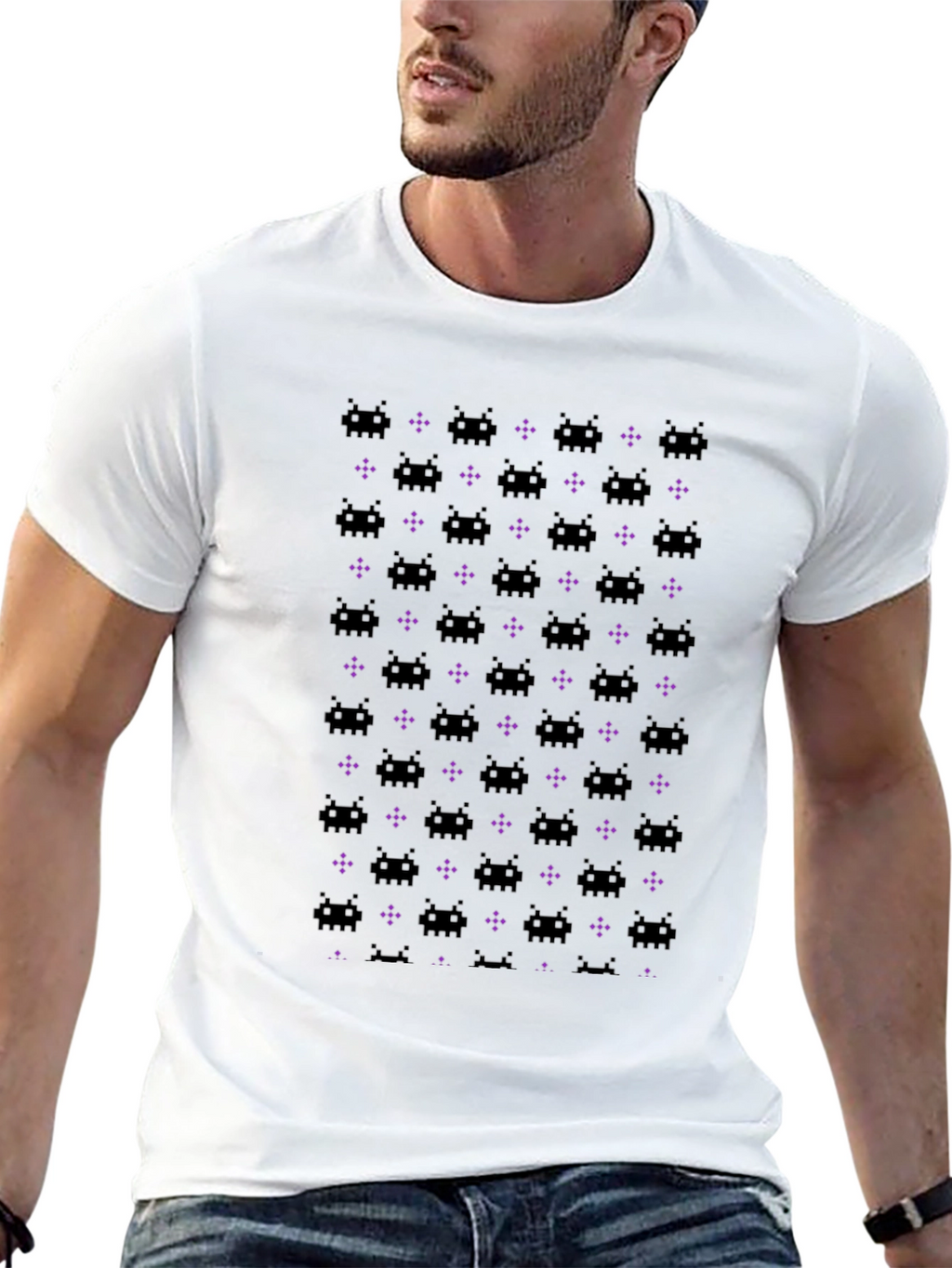 Retro Space Invaders Pattern Black T-Shirt