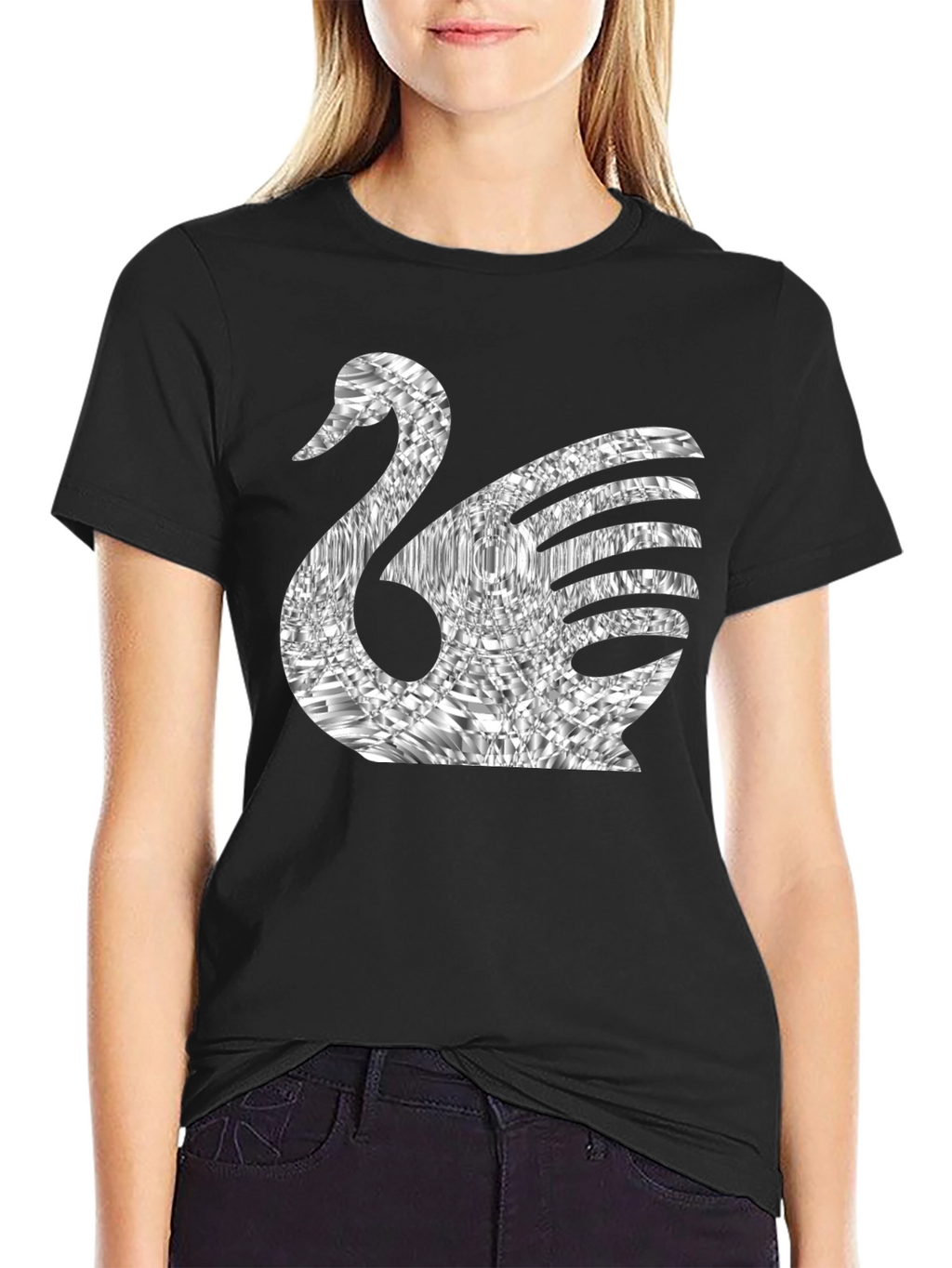 Stylish Swan Graphic Tee - Black Cotton Blend