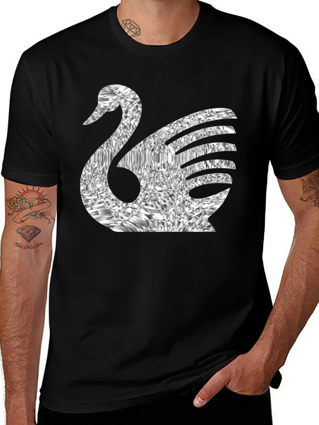 Stylish Swan Graphic Tee - Black Cotton Blend