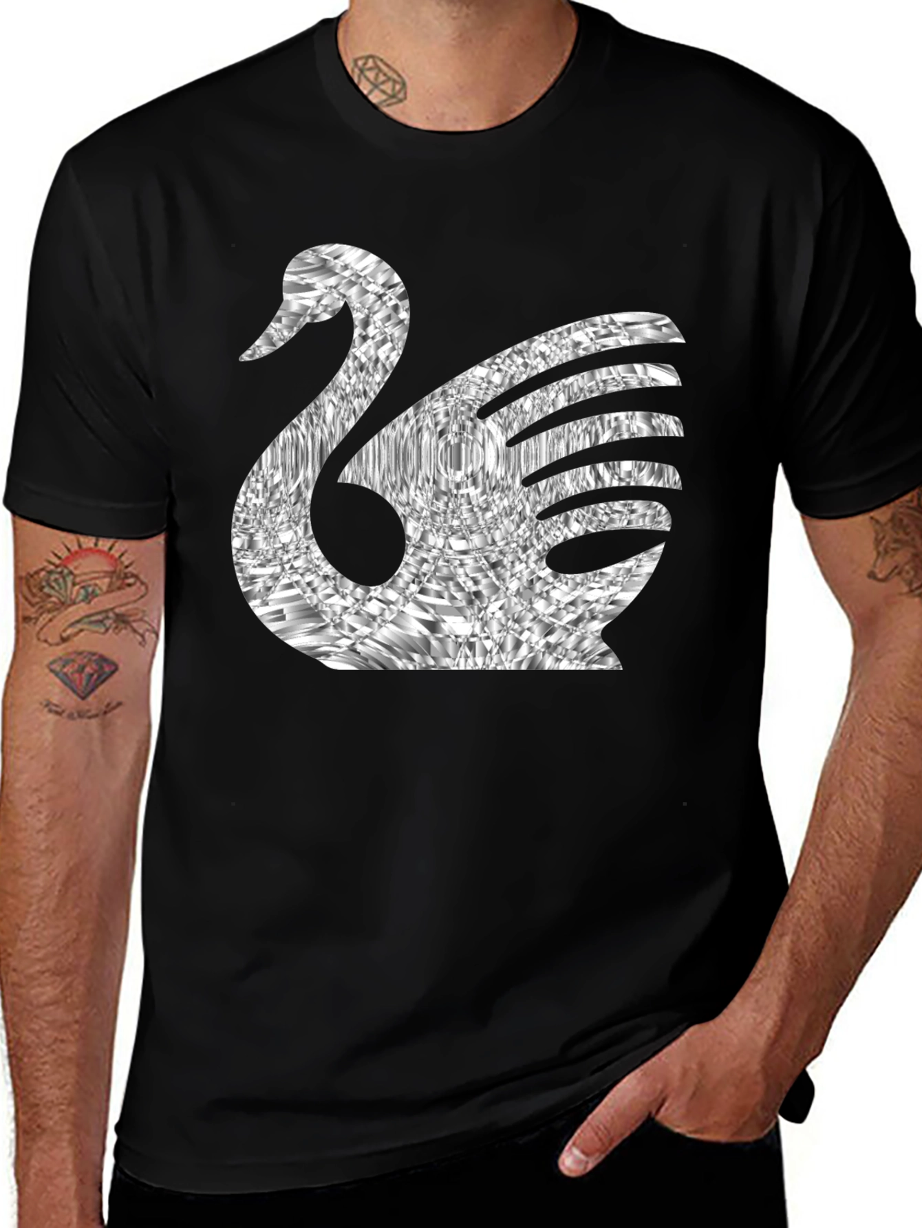 Stylish Swan Graphic Tee - Black Cotton Blend
