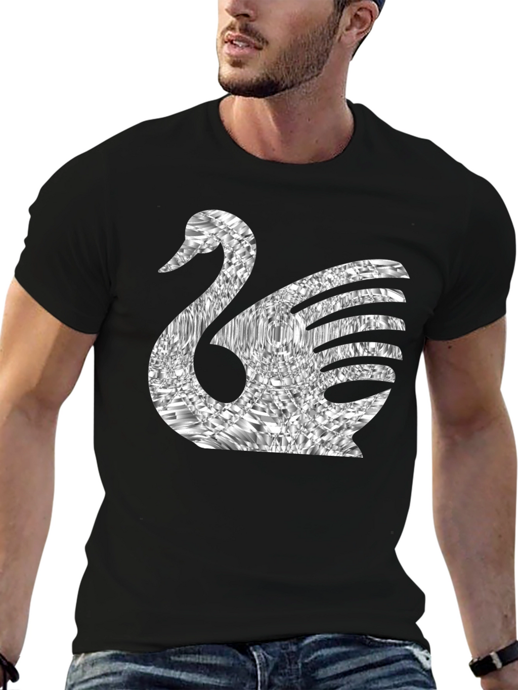 Stylish Swan Graphic Tee - Black Cotton Blend