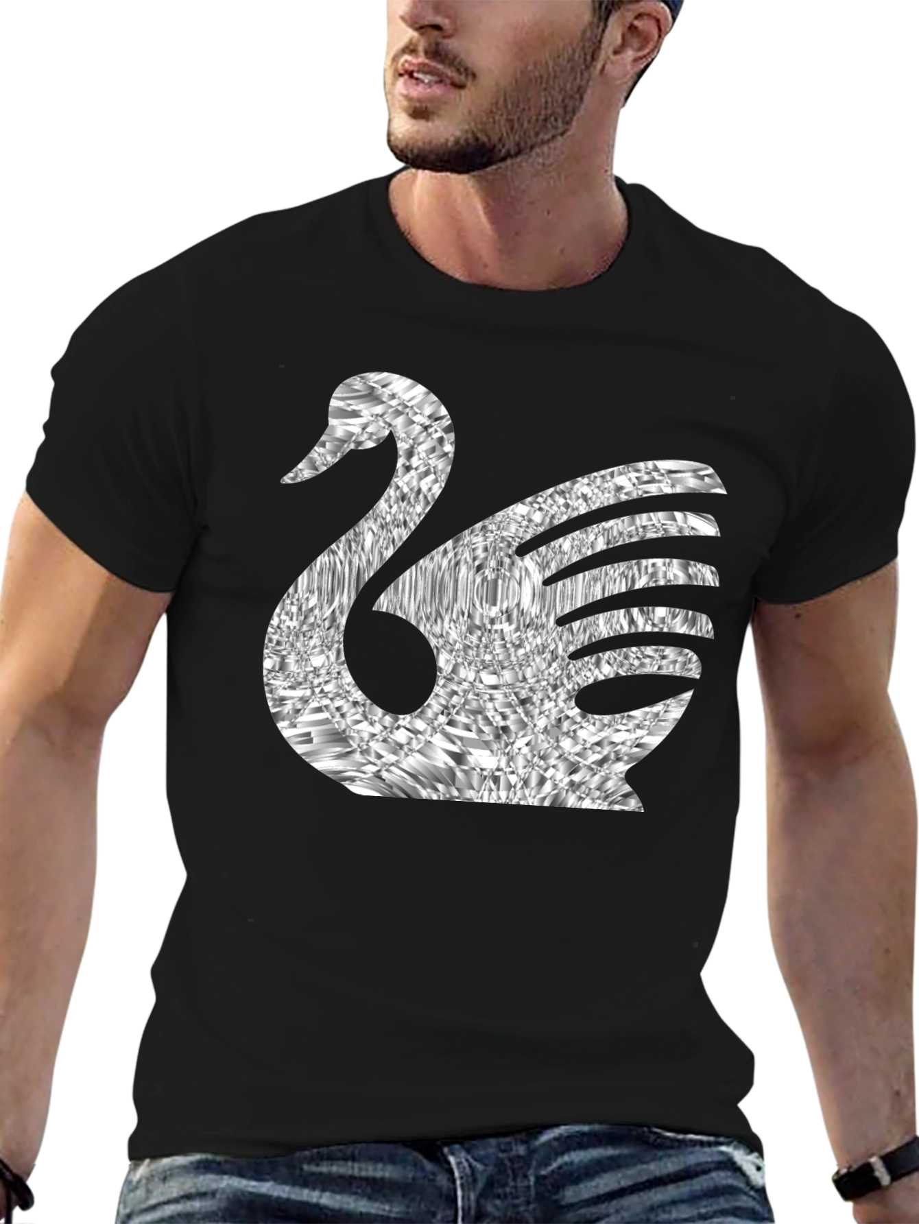 Stylish Swan Graphic Tee - Black Cotton Blend