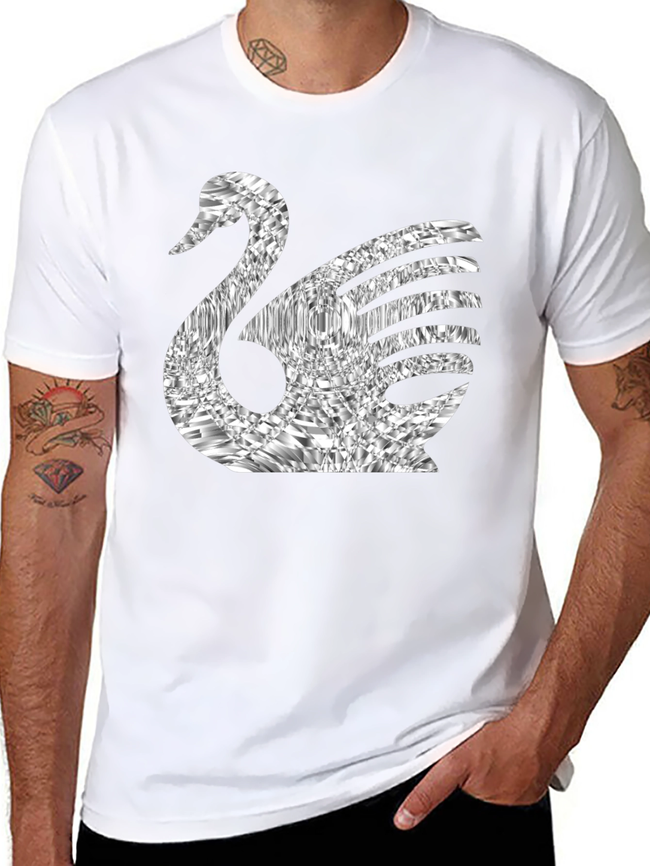 Stylish Swan Graphic Tee - Black Cotton Blend