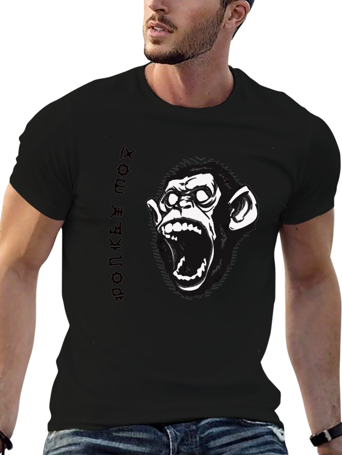 Monkey Face Graphic Print Black T-Shirt