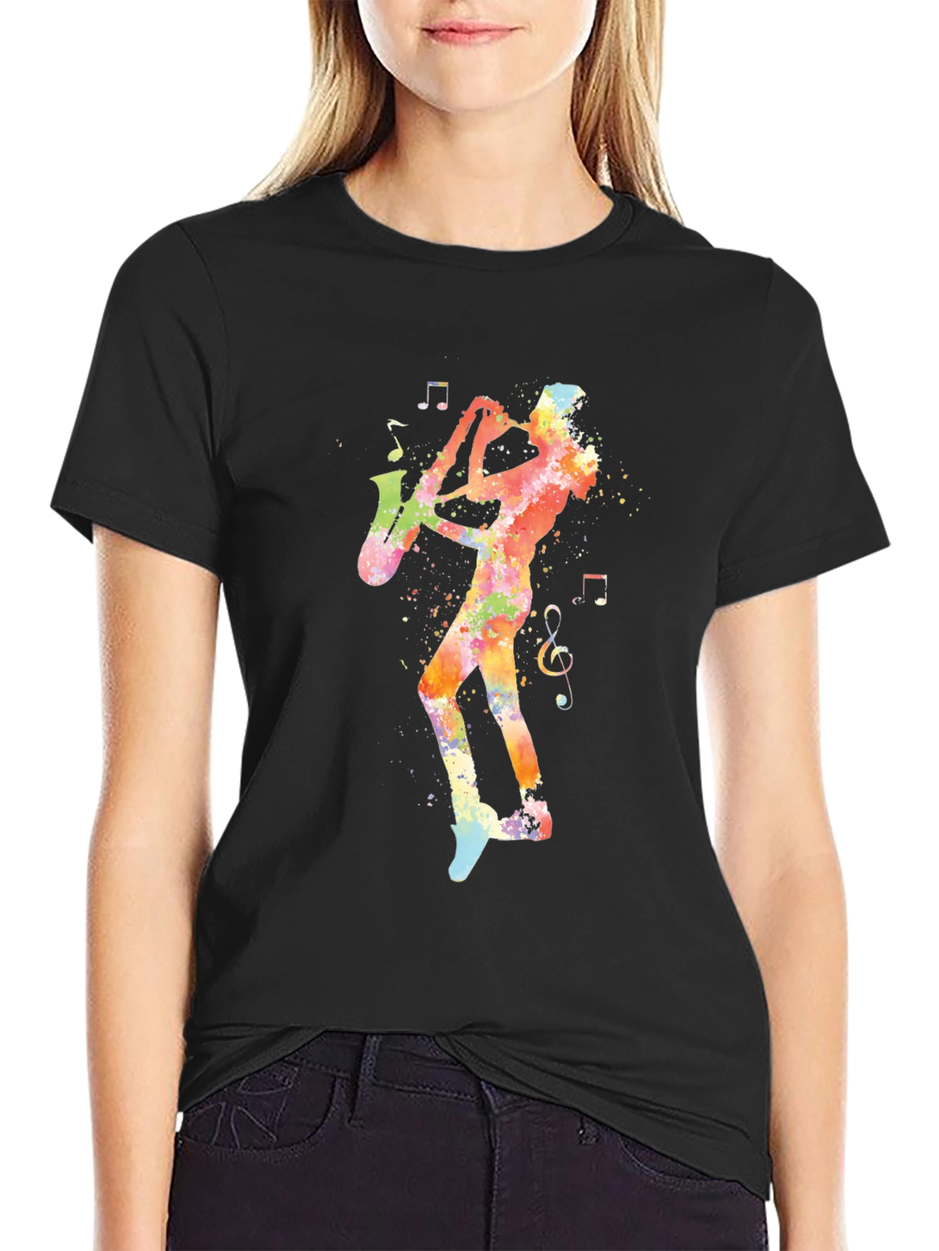 Jazz Saxophone Player Graphic Tee - Black Cotton T-Shirt
