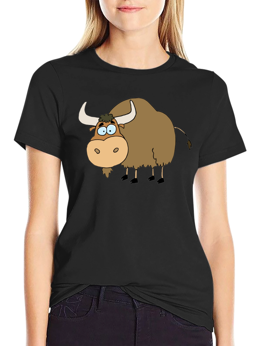 Cartoon Yak Graphic Tee - Black Cotton T-Shirt