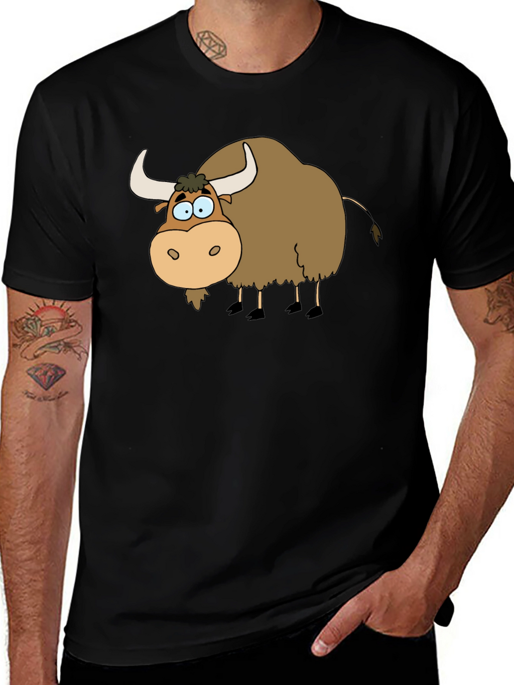 Cartoon Yak Graphic Tee - Black Cotton T-Shirt