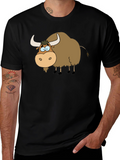 Cartoon Yak Graphic Tee - Black Cotton T-Shirt