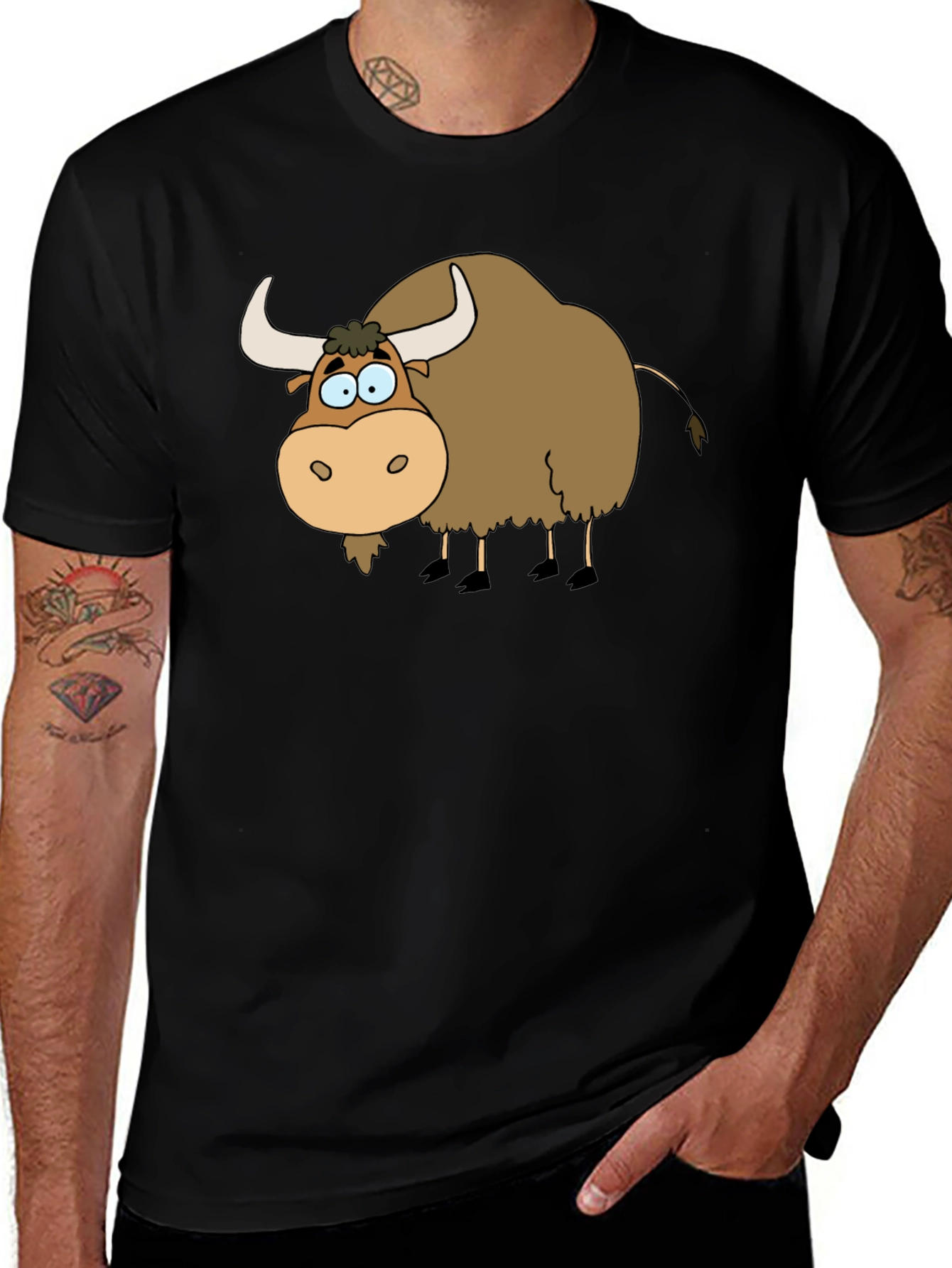Cartoon Yak Graphic Tee - Black Cotton T-Shirt