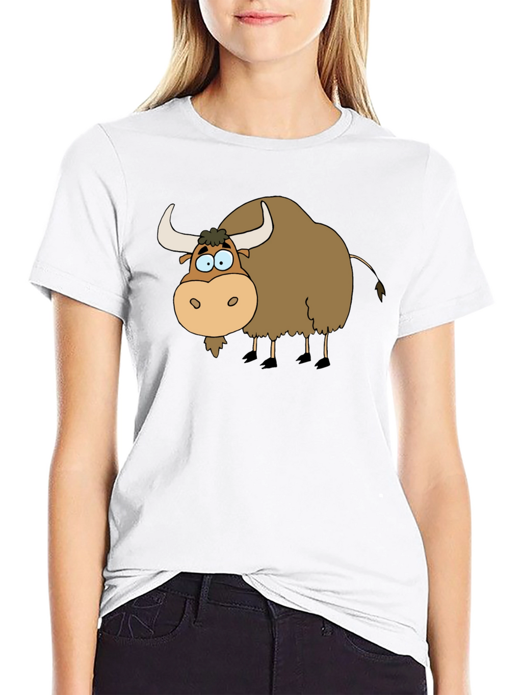 Cartoon Yak Graphic Tee - Black Cotton T-Shirt