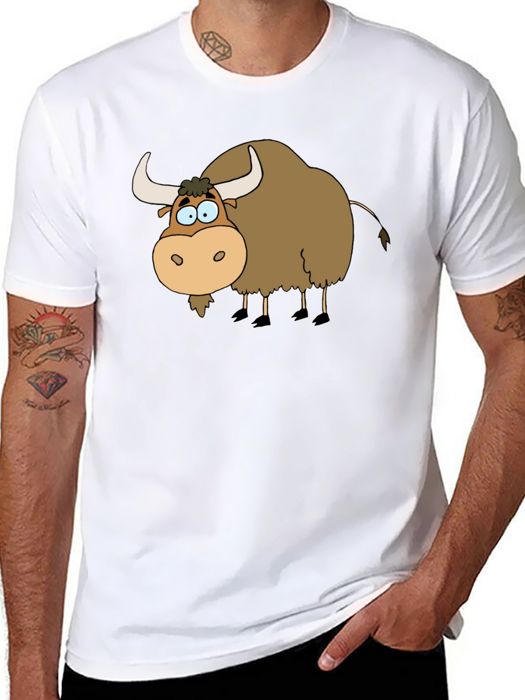 Cartoon Yak Graphic Tee - Black Cotton T-Shirt