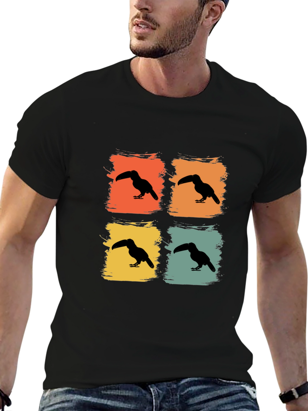Retro Toucan Square Black T-Shirt