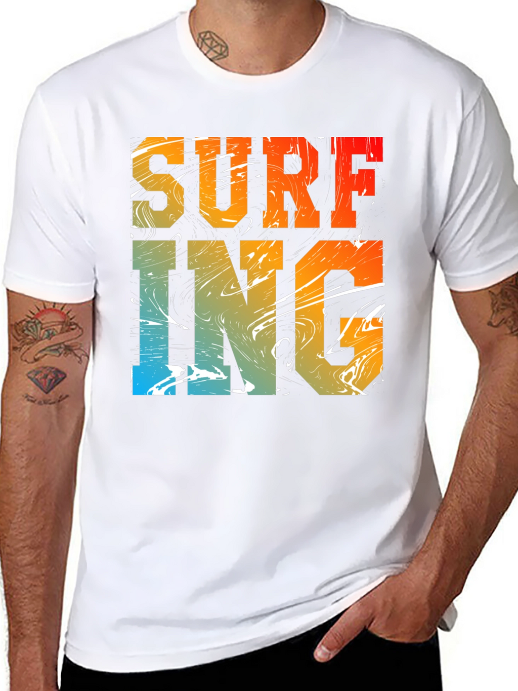 Surfing Graphic Print Black Crew Neck T-Shirt