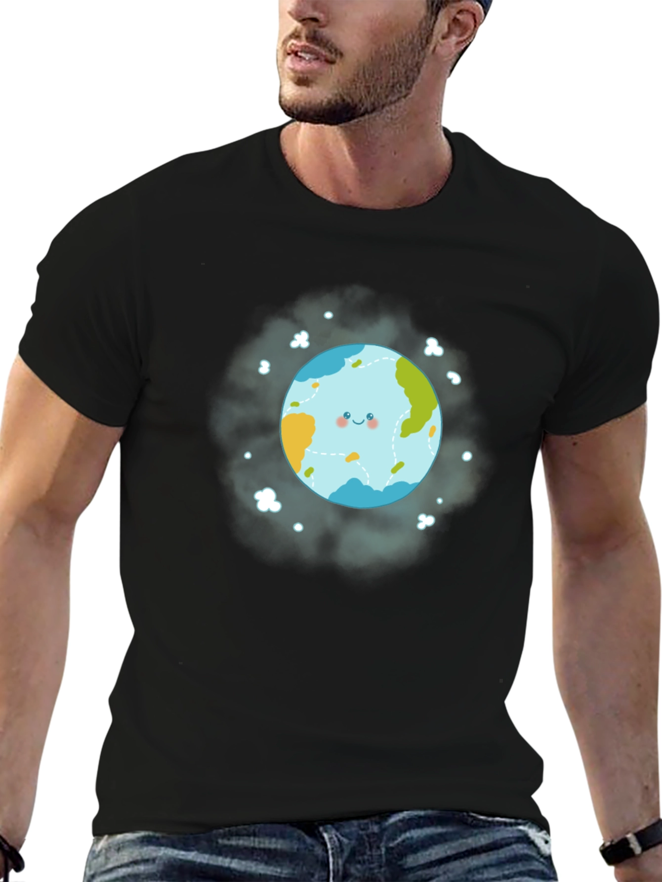 Cute Earth Graphic Black T-Shirt
