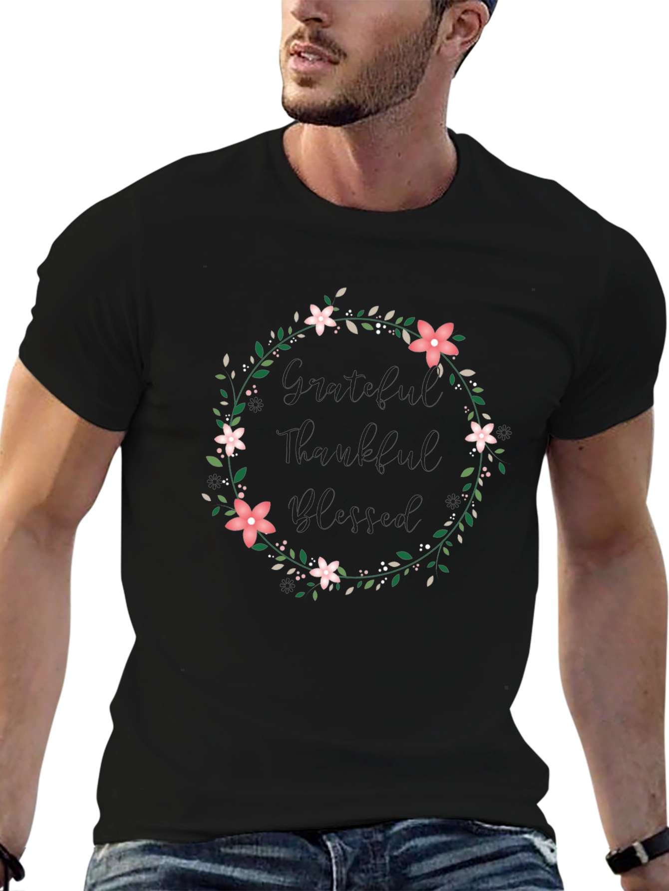 Grateful Thankful Blessed Floral Wreath Tee