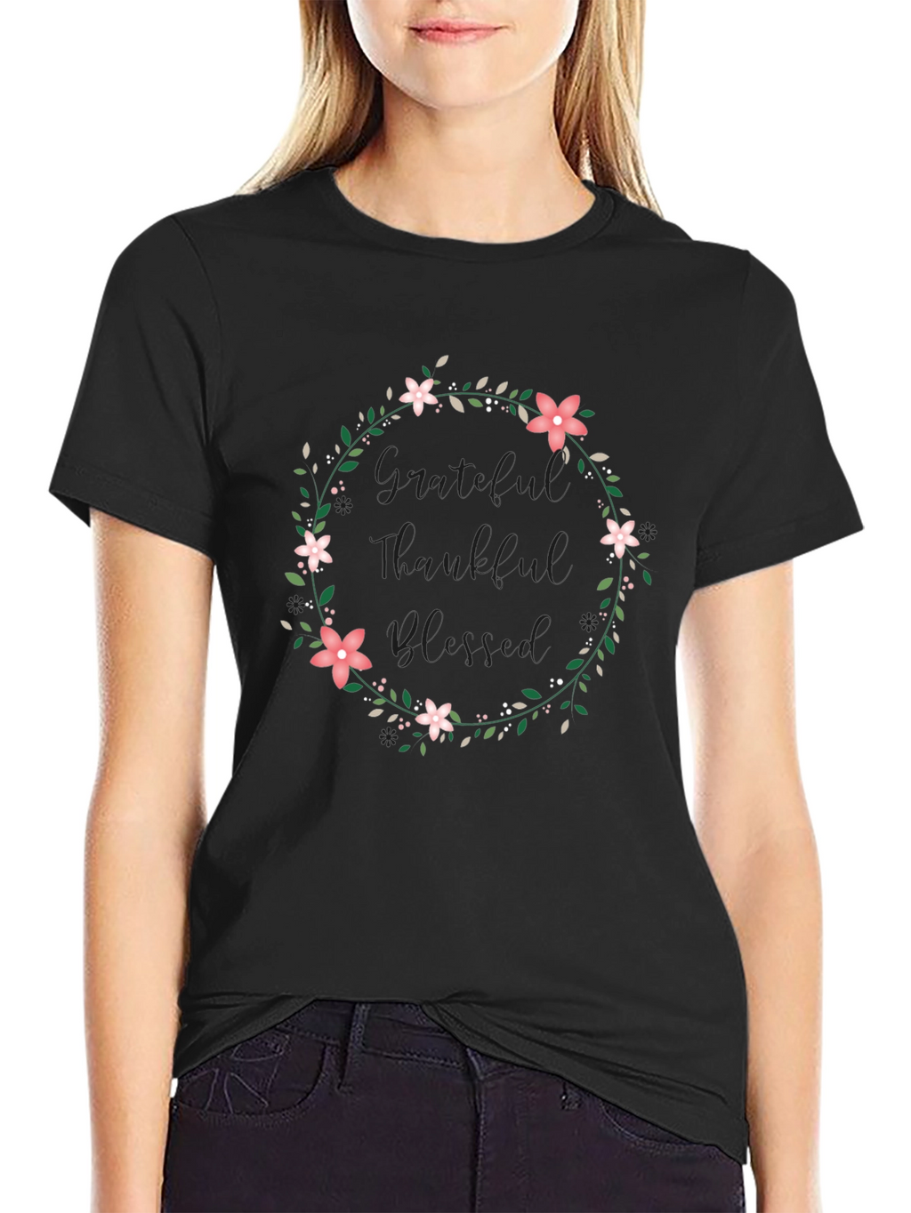 Grateful Thankful Blessed Floral Wreath Tee