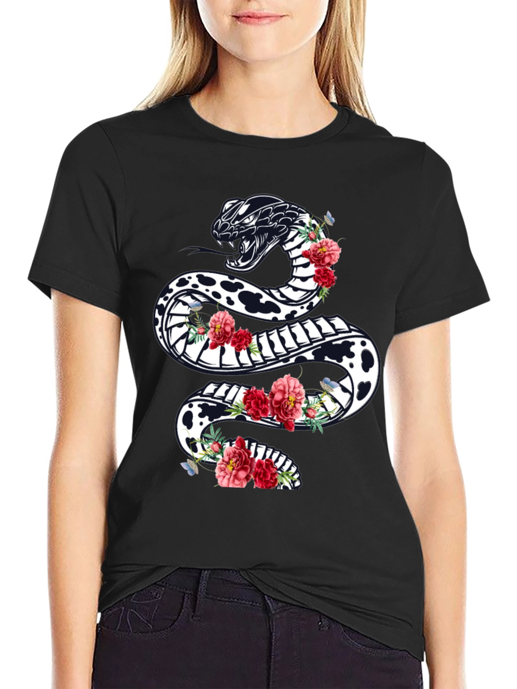 Black Floral Snake Graphic Tee