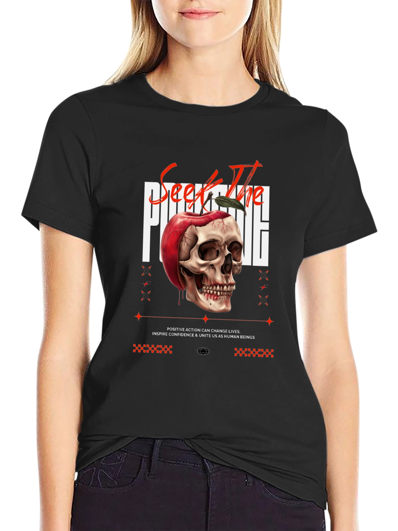 Edgy Skull Apple Graphic Print Black Tee