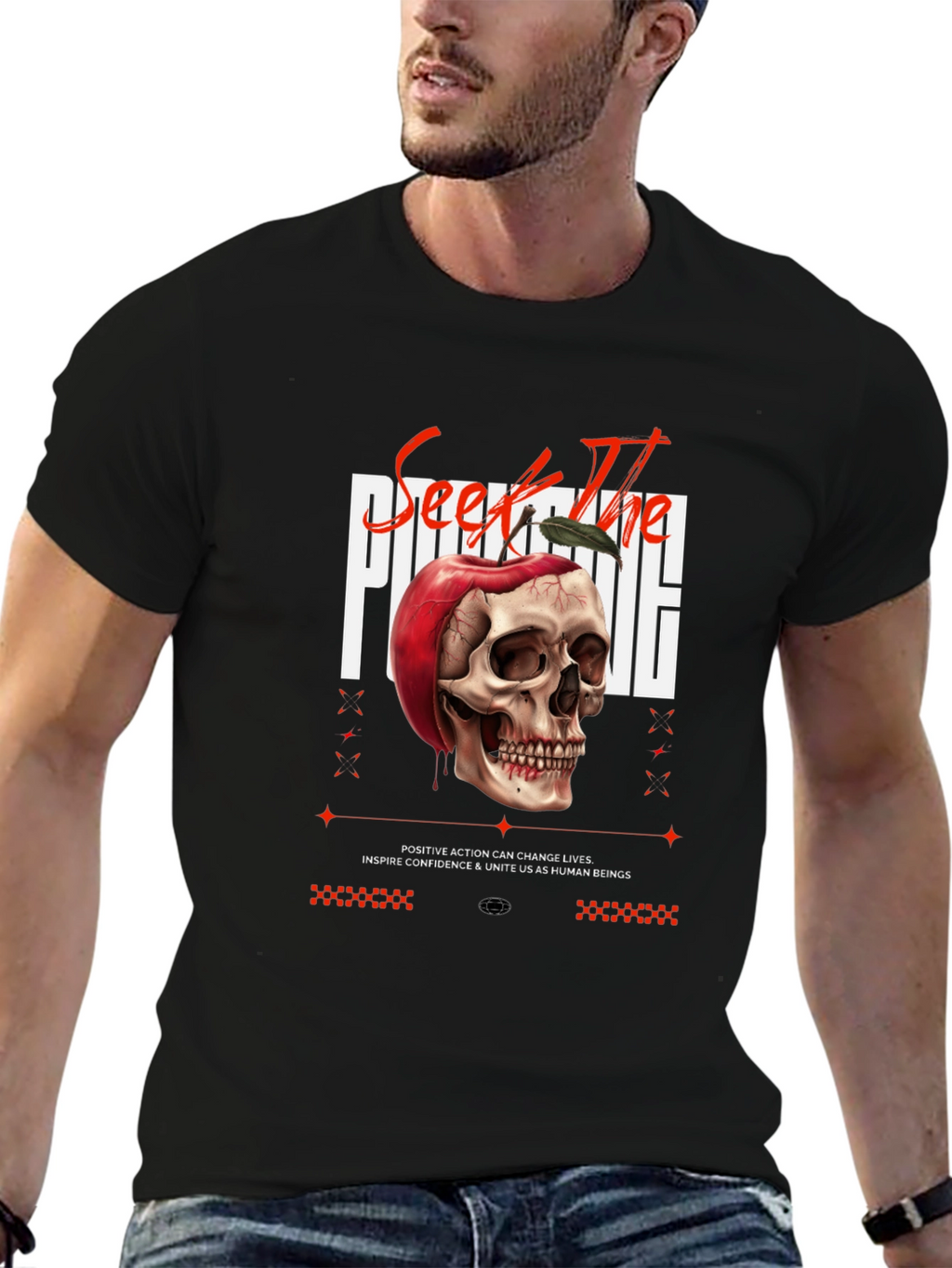 Edgy Skull Apple Graphic Print Black Tee