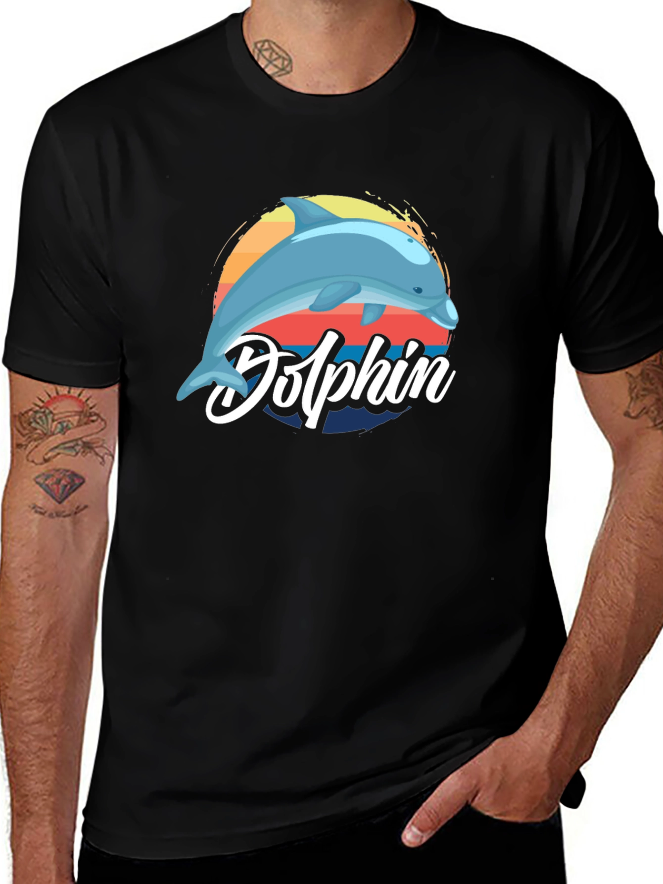 Dolphin Retro Graphic Tee - Black Cotton T-Shirt