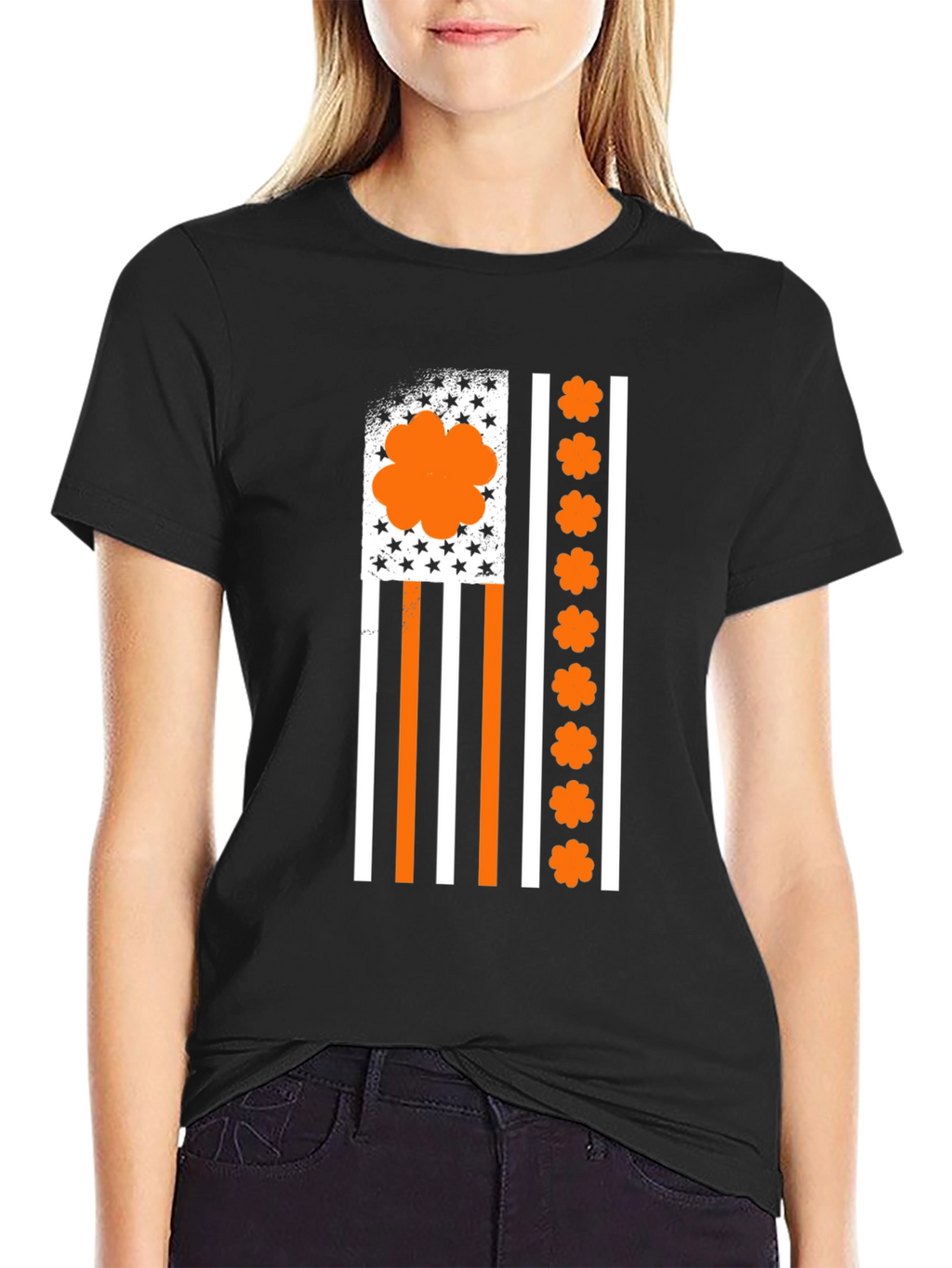Orange Shamrock American Flag Graphic T-Shirt
