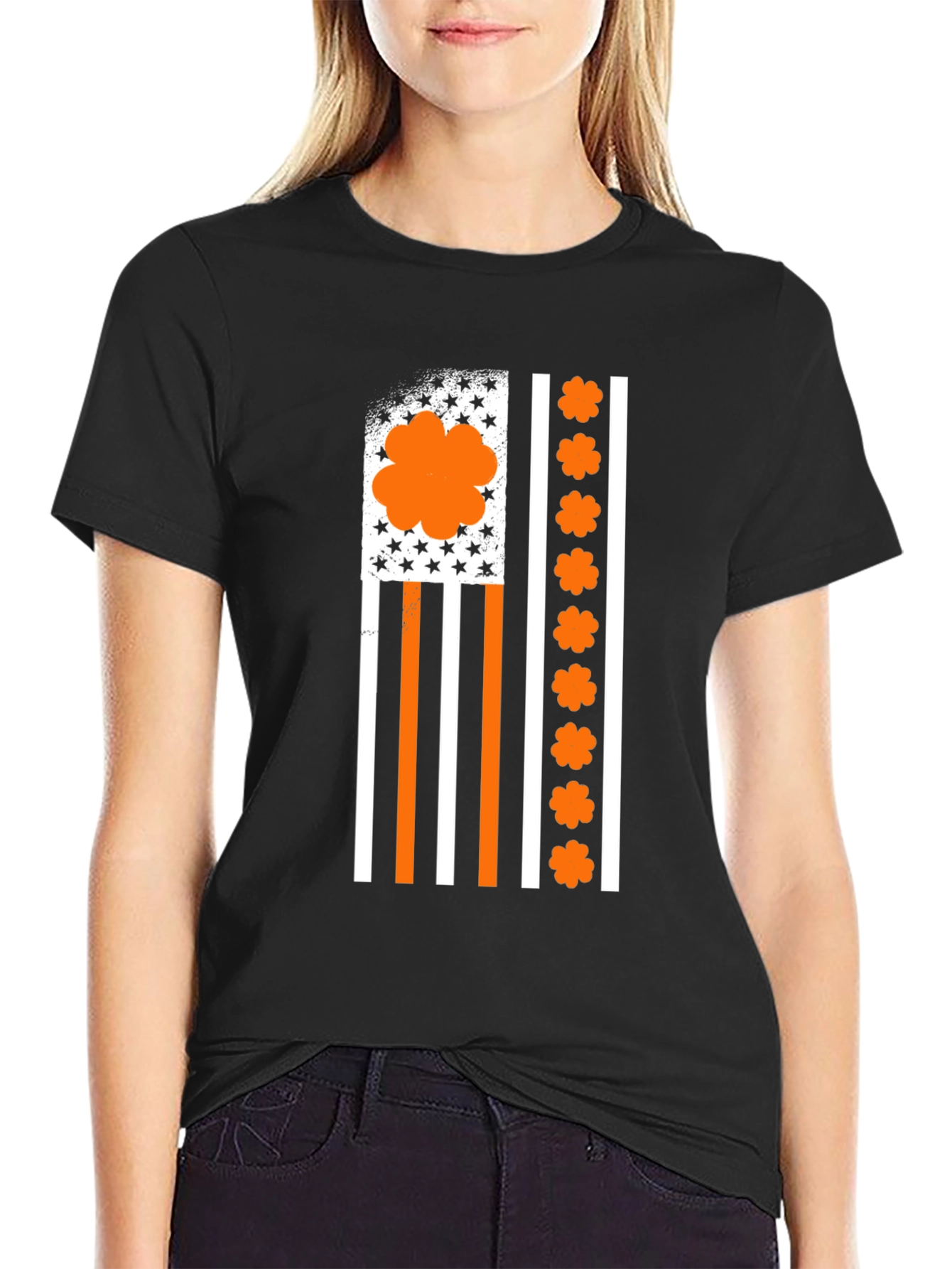 Orange Shamrock American Flag Graphic T-Shirt