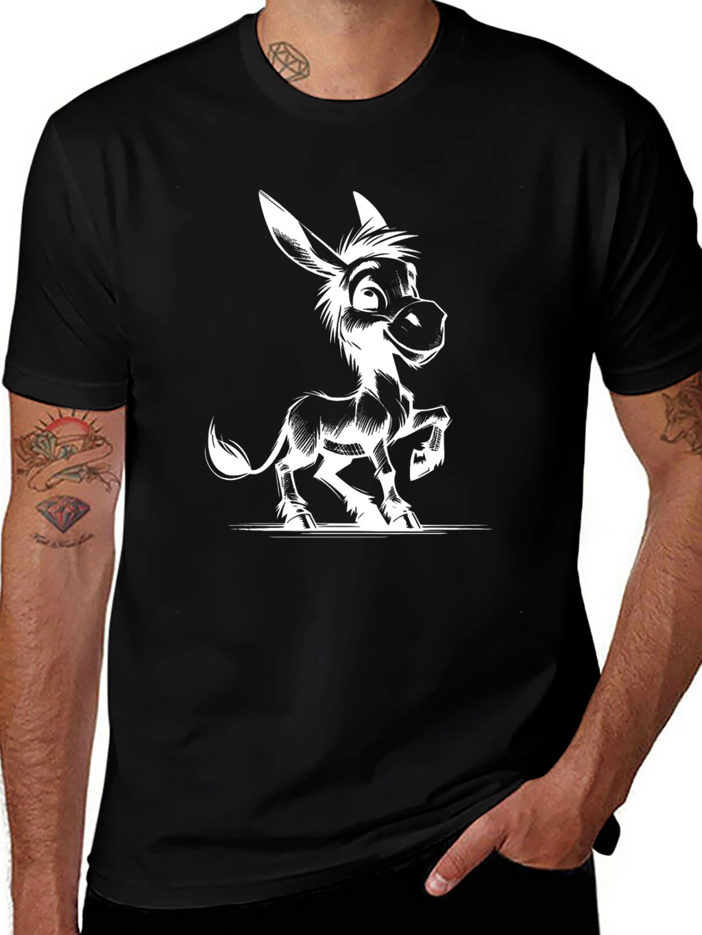 Cartoon Donkey Graphic Tee - Black Cotton T-Shirt