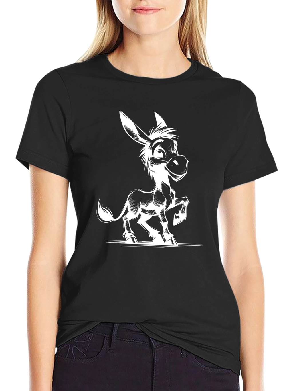 Cartoon Donkey Graphic Tee - Black Cotton T-Shirt