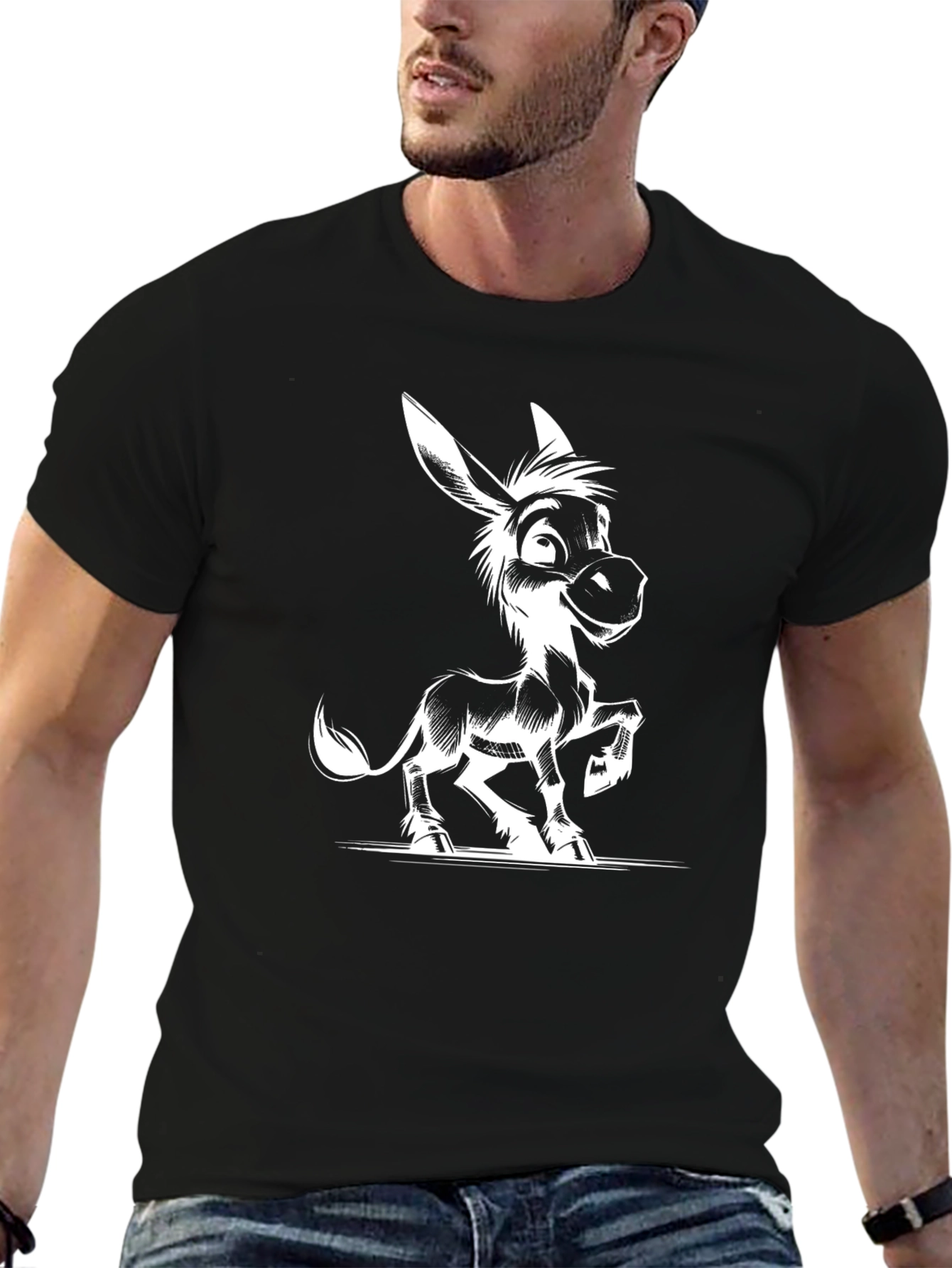 Cartoon Donkey Graphic Tee - Black Cotton T-Shirt