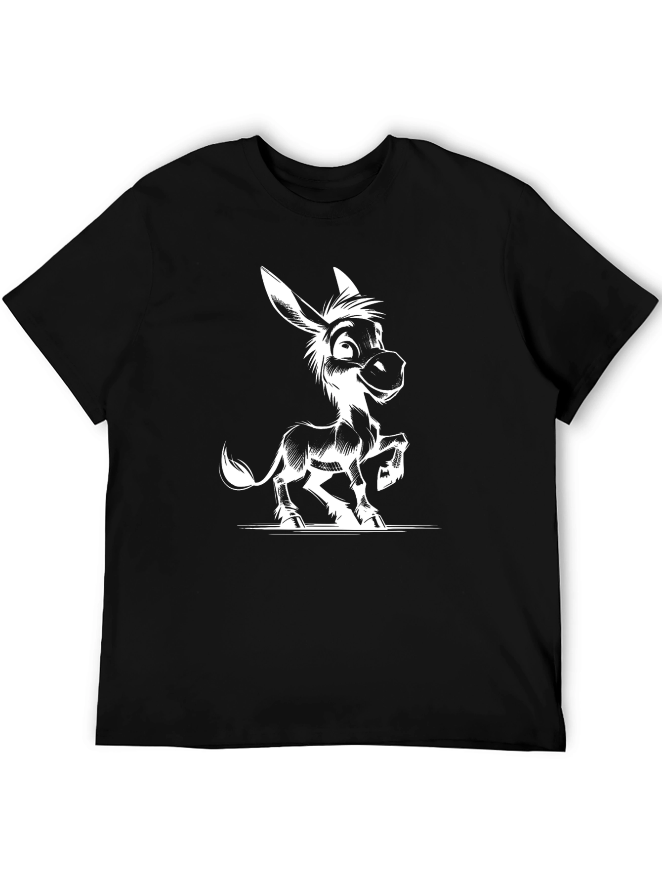 Cartoon Donkey Graphic Tee - Black Cotton T-Shirt