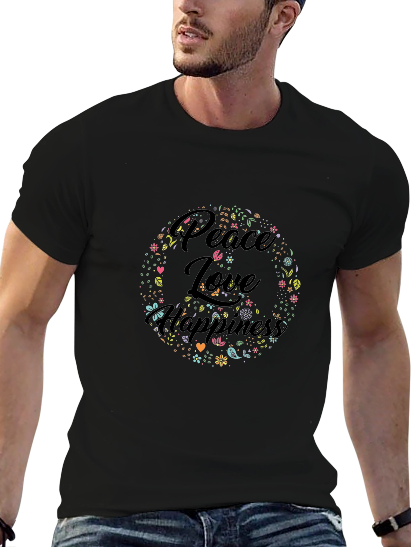 Peace Love Happiness Graphic Tee - Black Cotton T-Shirt