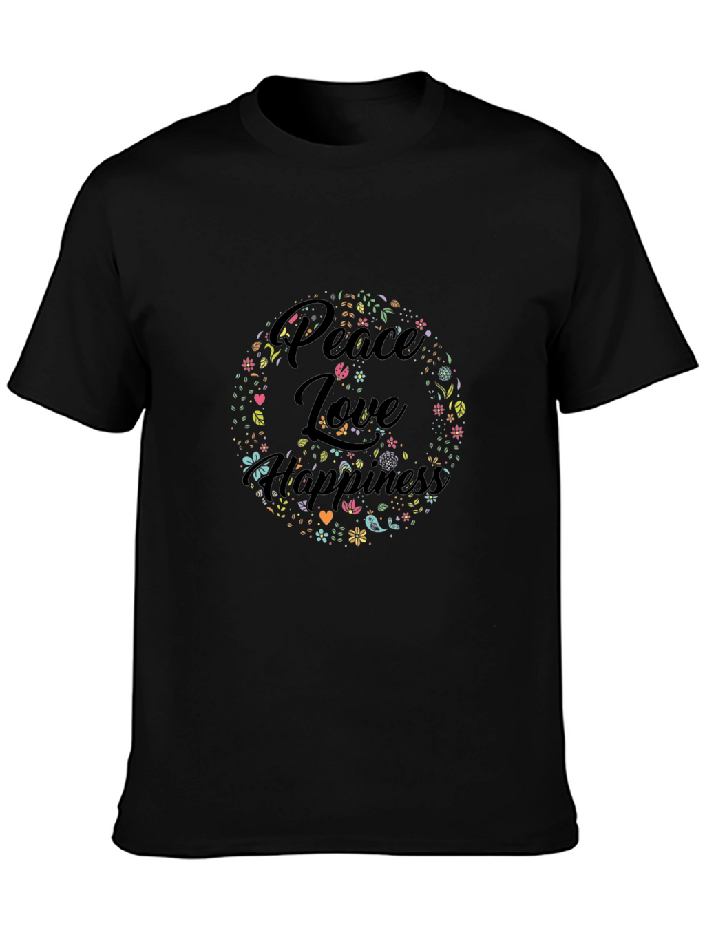 Peace Love Happiness Graphic Tee - Black Cotton T-Shirt