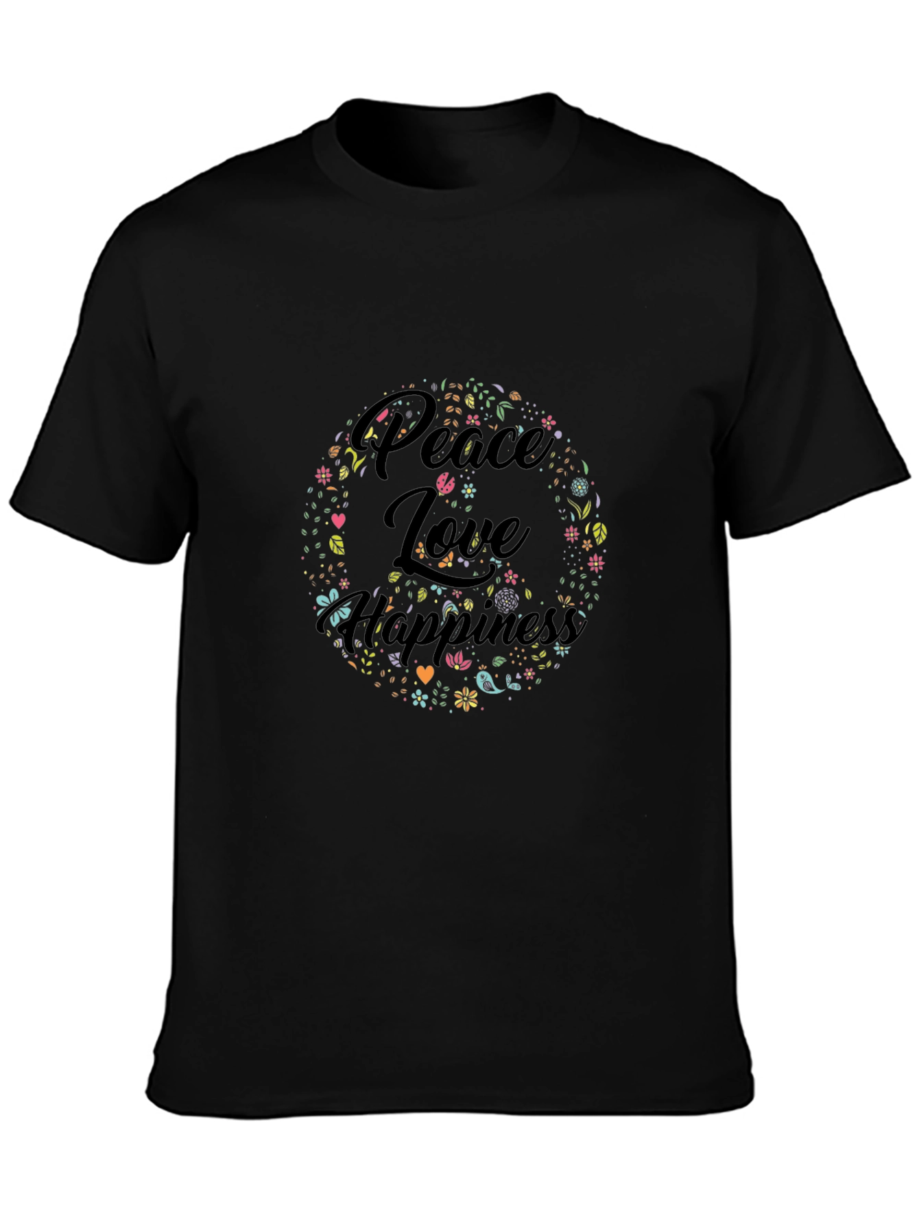 Peace Love Happiness Graphic Tee - Black Cotton T-Shirt