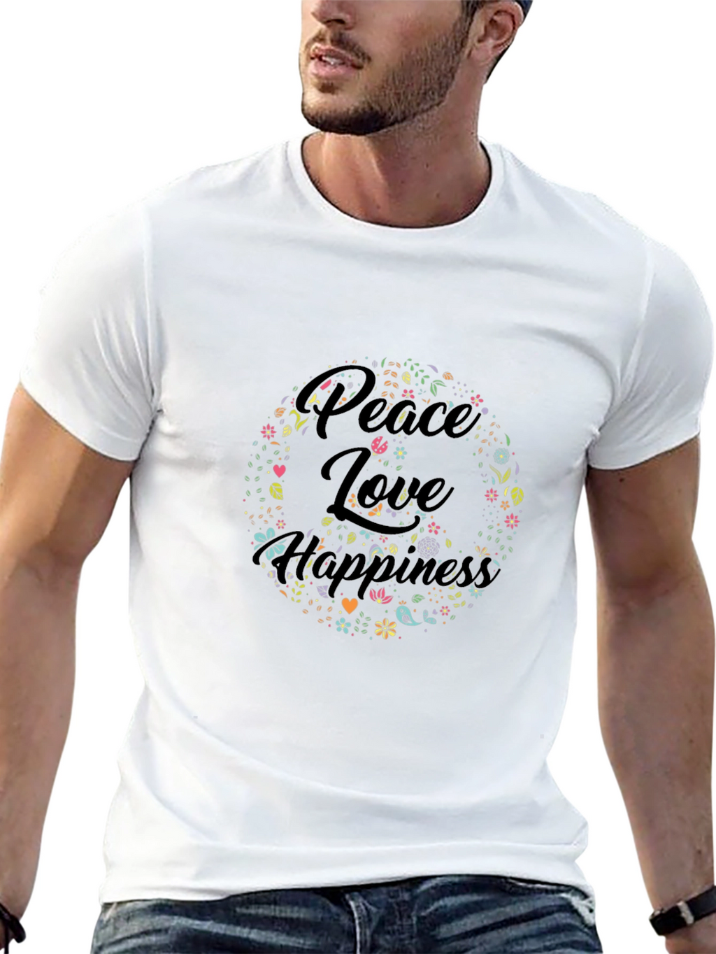 Peace Love Happiness Graphic Tee - Black Cotton T-Shirt