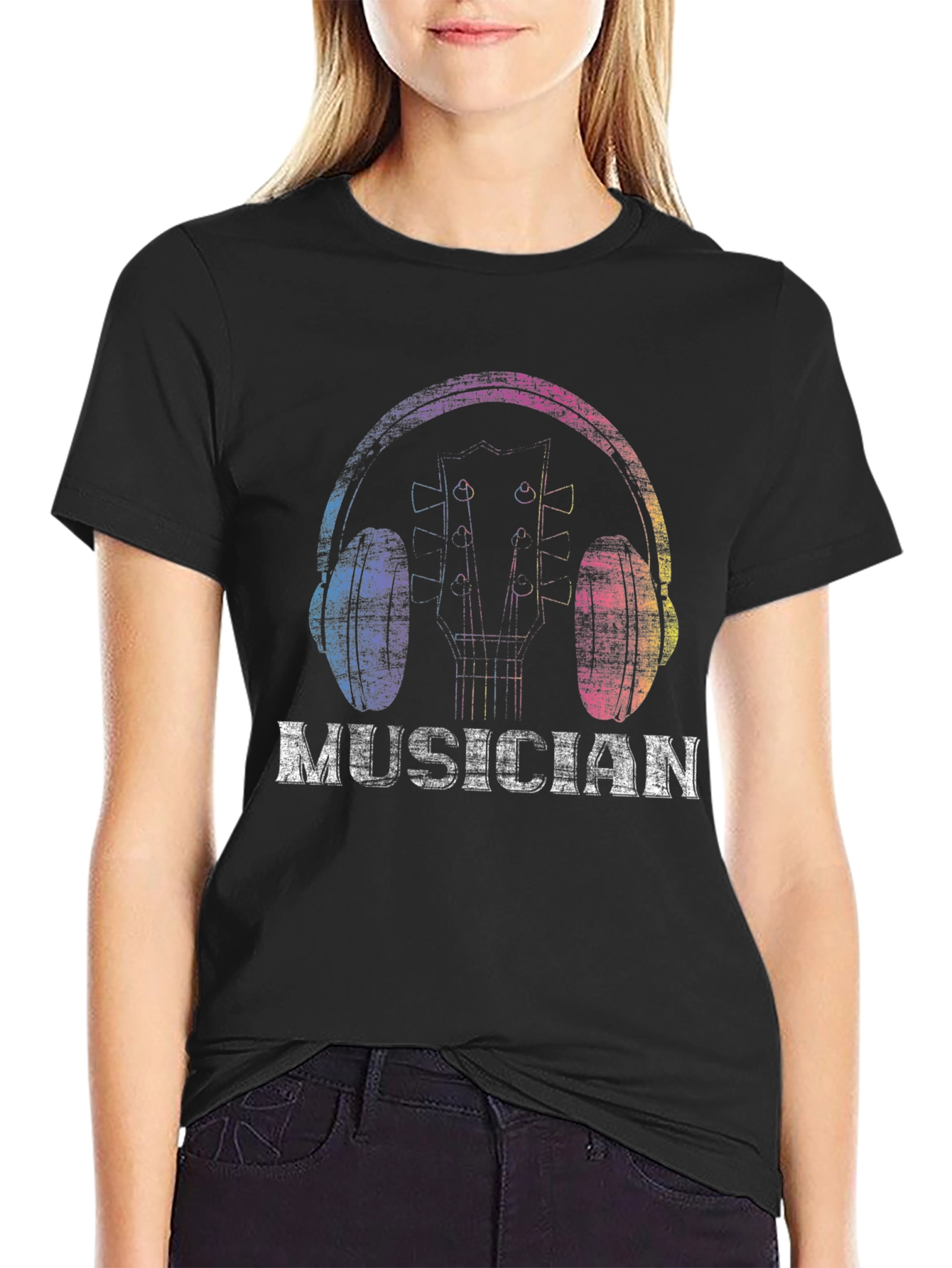 Musician Graphic T-Shirt: Colorful Headphones & Guitar