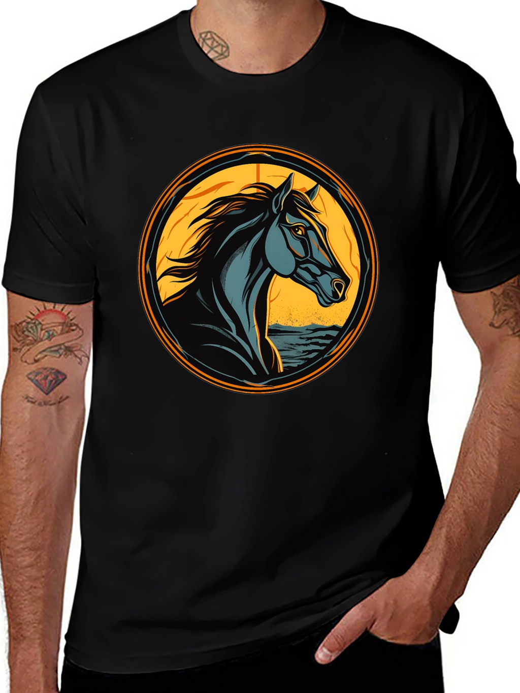 Black Horse Graphic Tee - Artistic Animal Design
