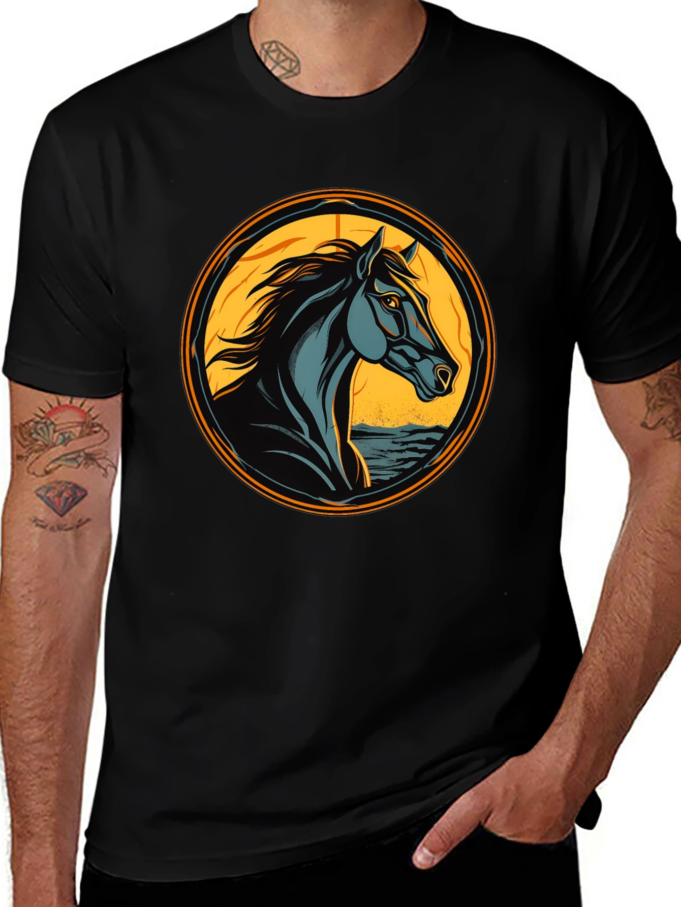 Black Horse Graphic Tee - Artistic Animal Design