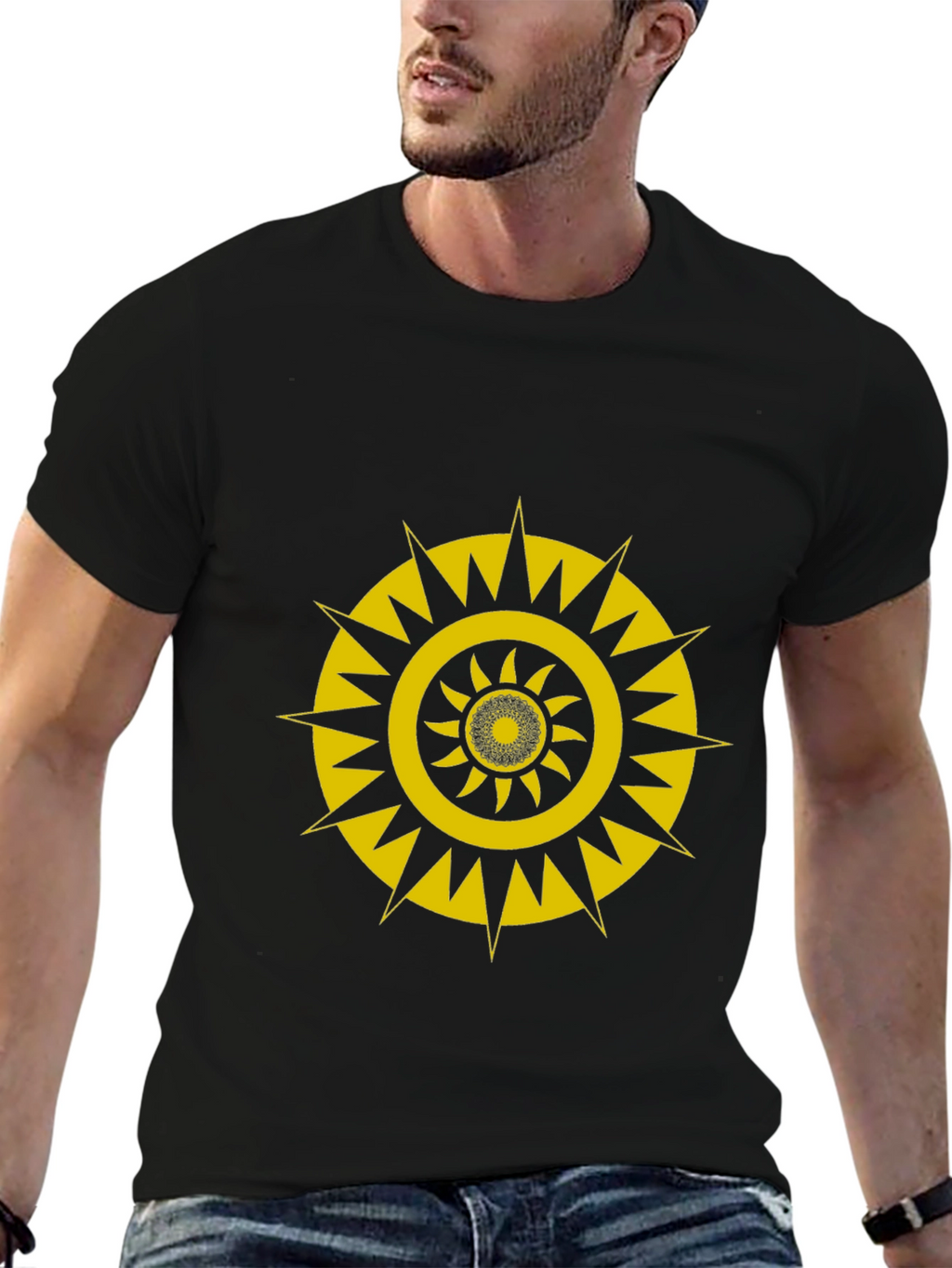 Black T-Shirt with Gold Geometric Sunburst Design