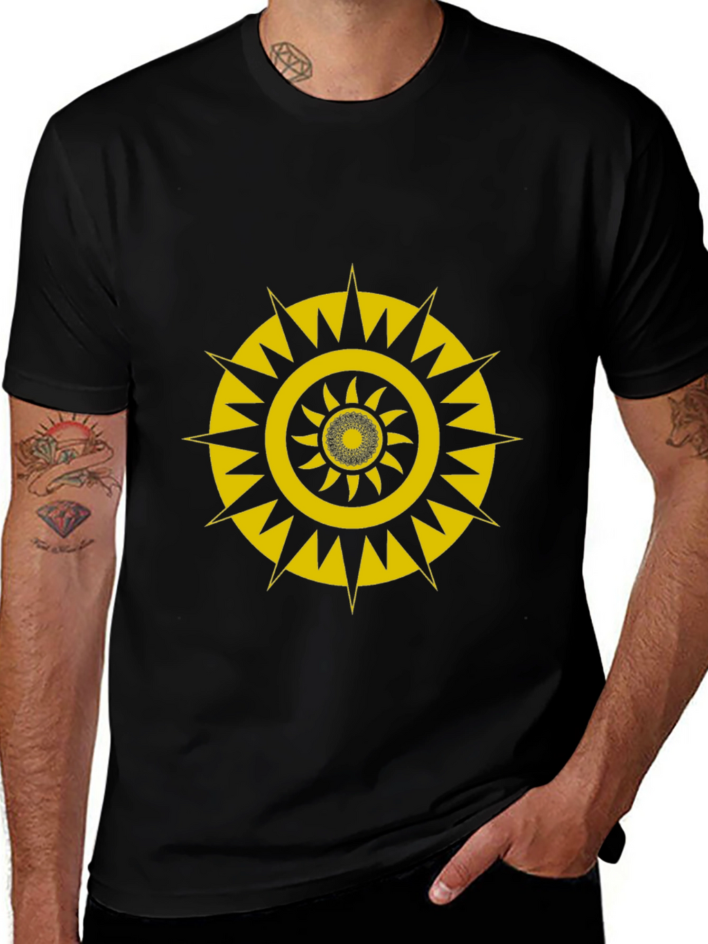 Black T-Shirt with Gold Geometric Sunburst Design
