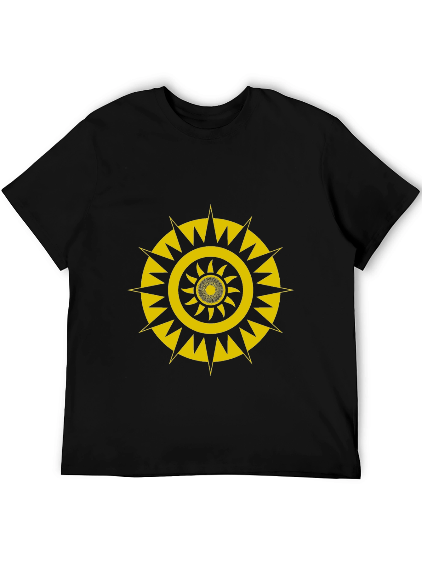 Black T-Shirt with Gold Geometric Sunburst Design