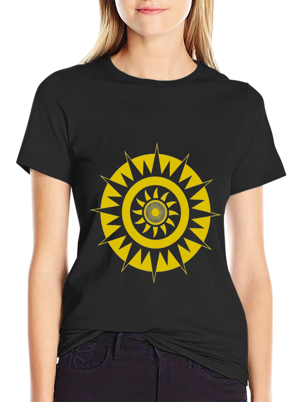 Black T-Shirt with Gold Geometric Sunburst Design