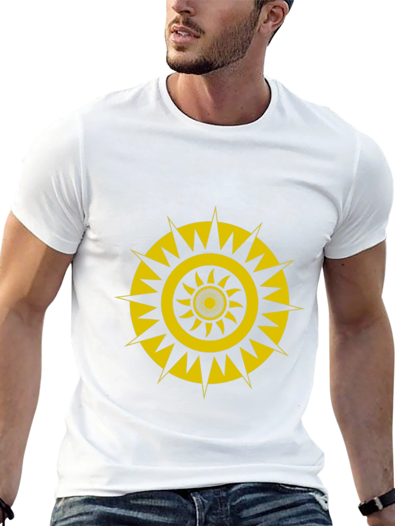 Black T-Shirt with Gold Geometric Sunburst Design