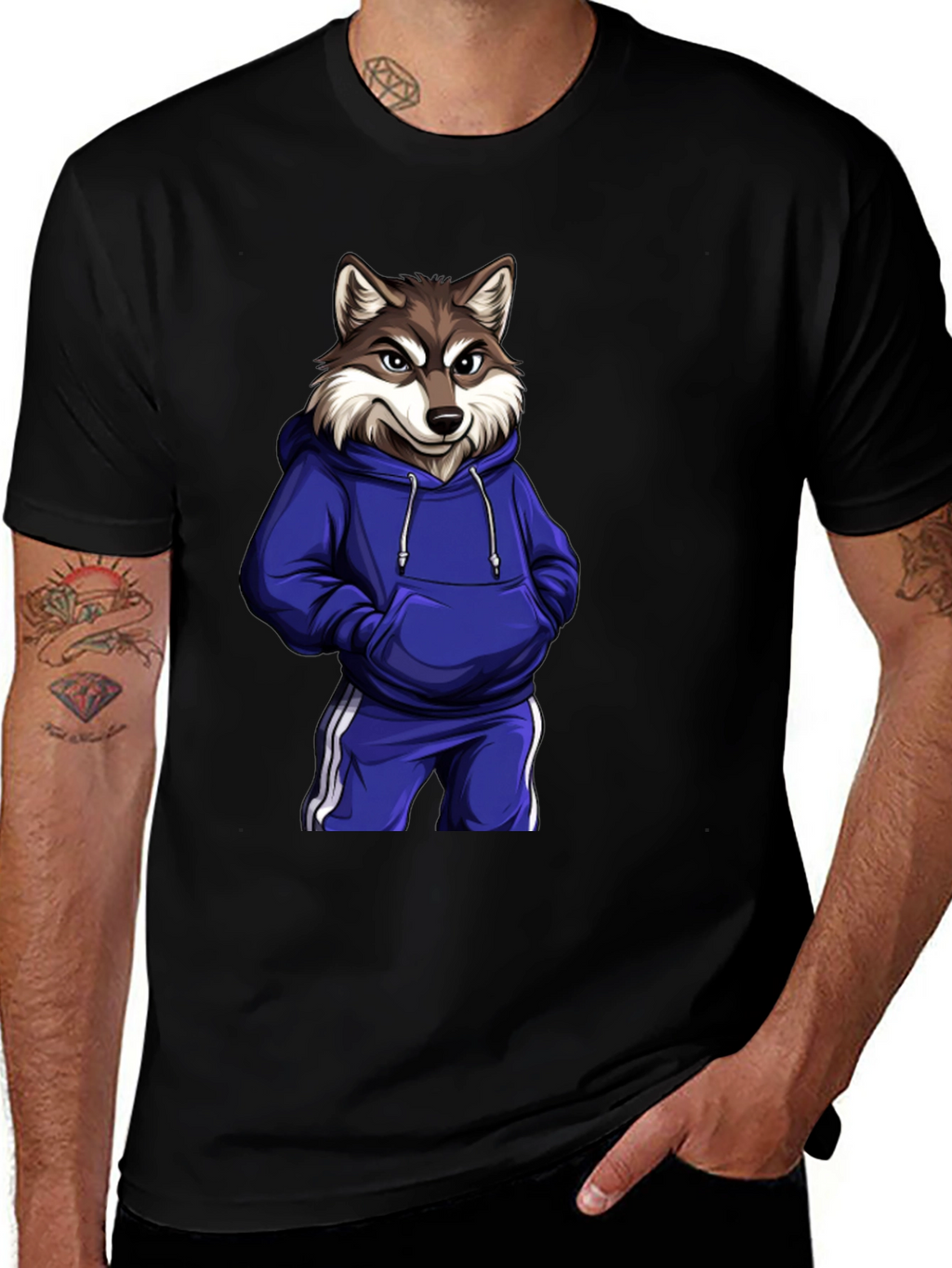 Cool Wolf Cartoon Graphic Black T-Shirt