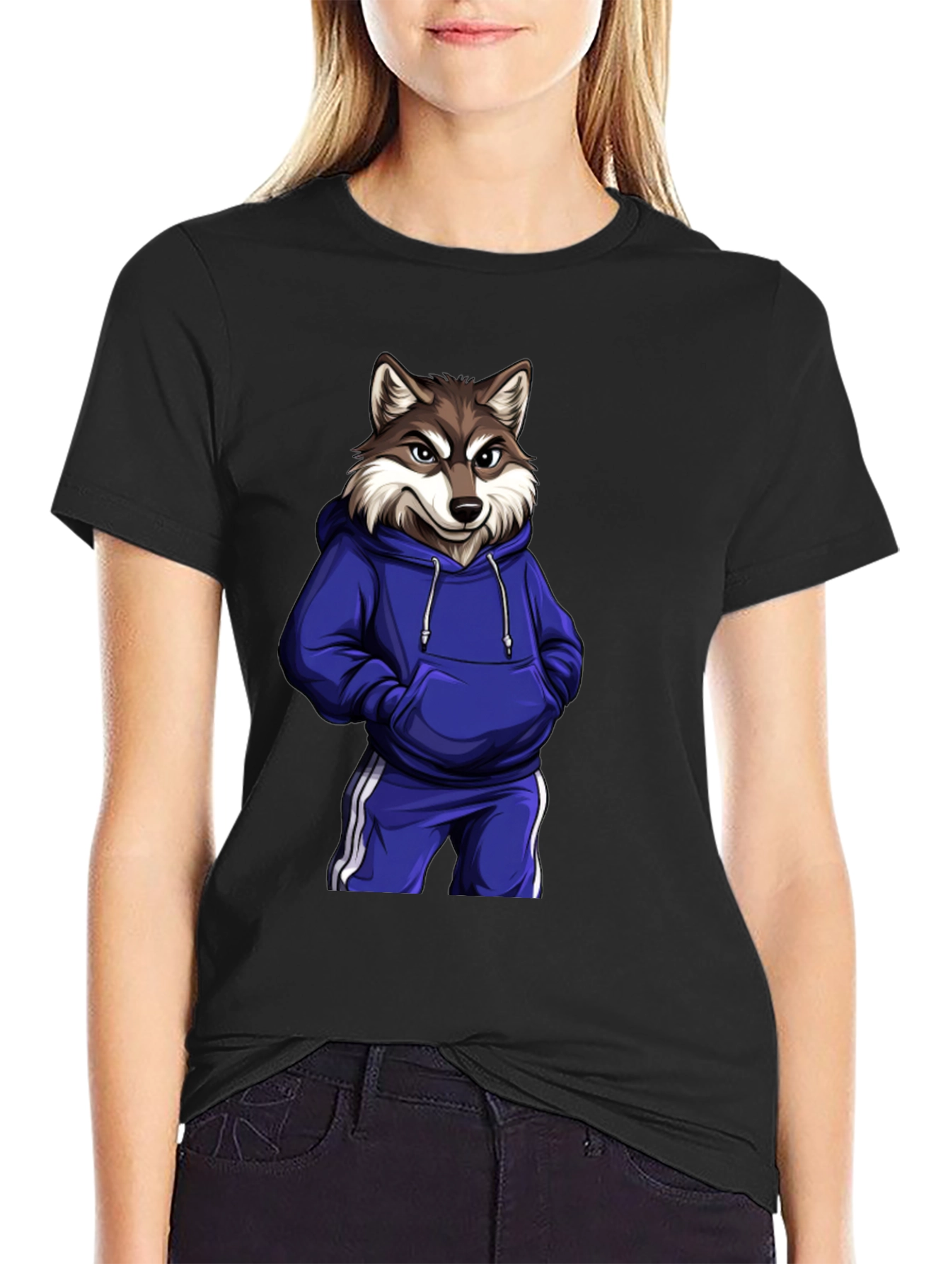 Cool Wolf Cartoon Graphic Black T-Shirt