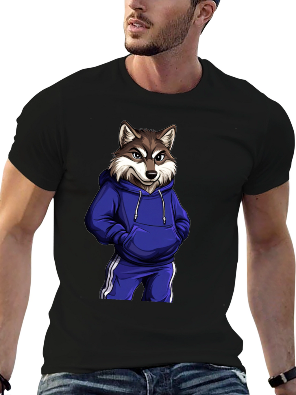 Cool Wolf Cartoon Graphic Black T-Shirt