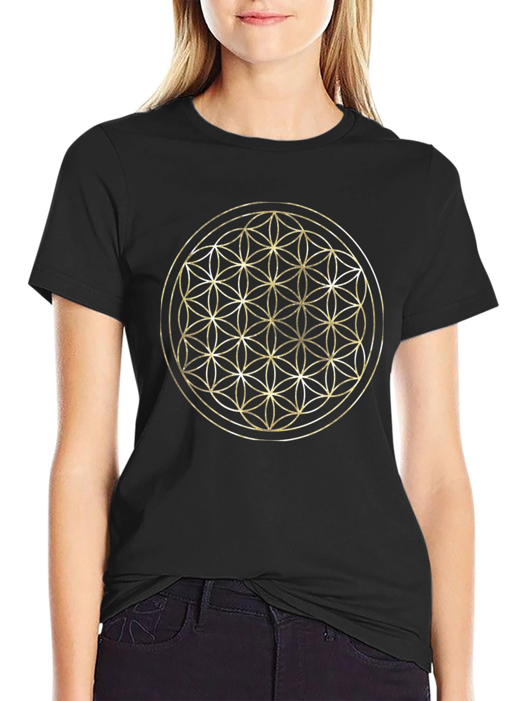 Flower of Life Graphic Tee - Gold Geometric Design