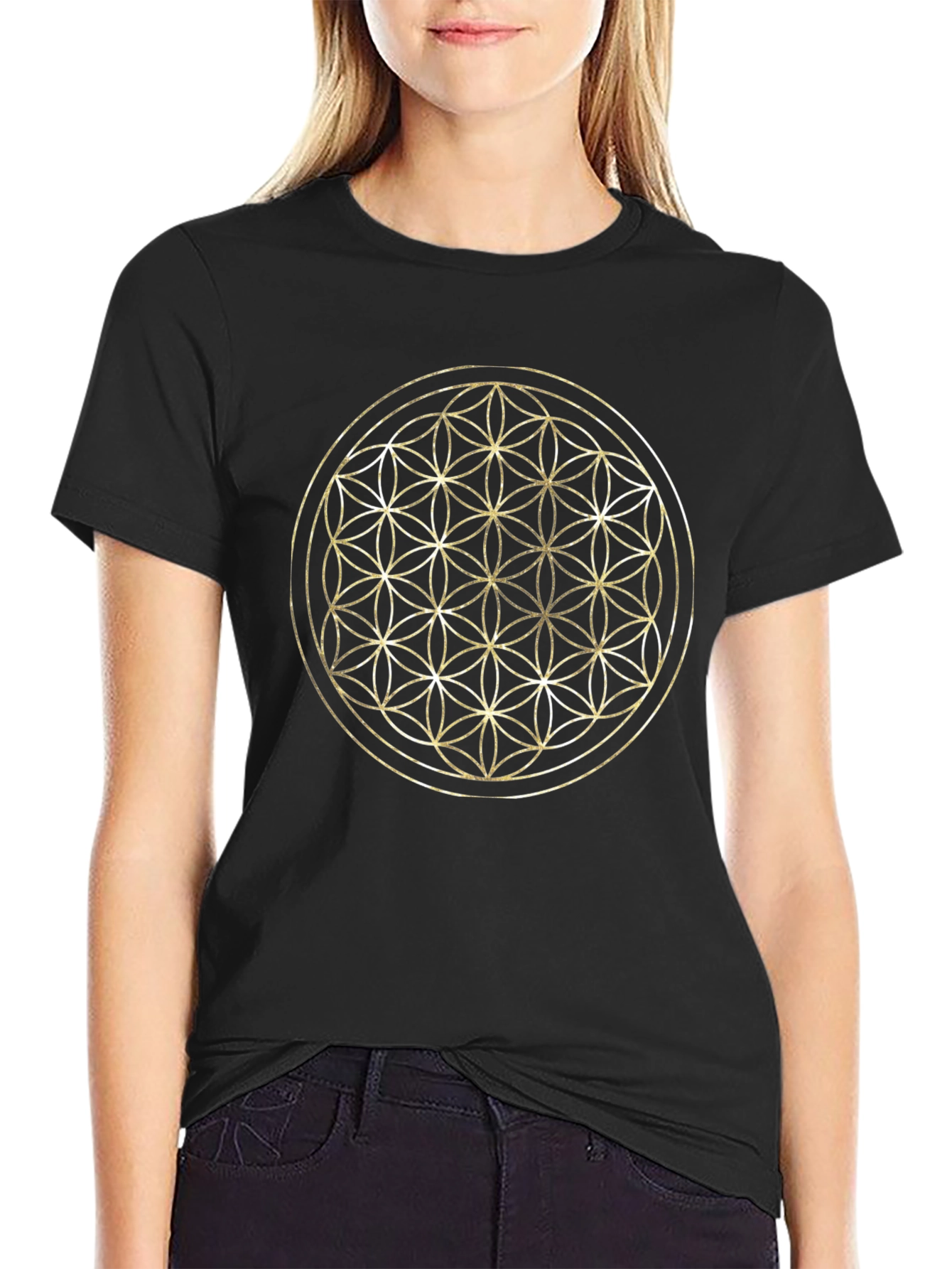 Flower of Life Graphic Tee - Gold Geometric Design