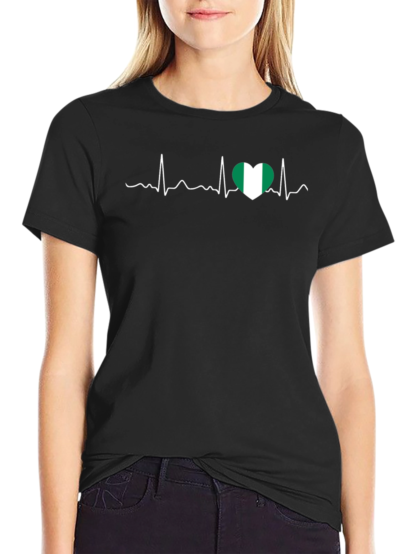 Nigeria Heartbeat T-Shirt - Black Crew Neck Tee
