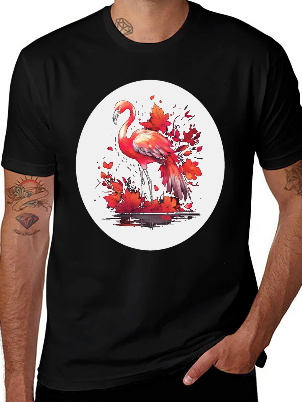 Flamingo T-Shirt: Red Autumn Leaves Design