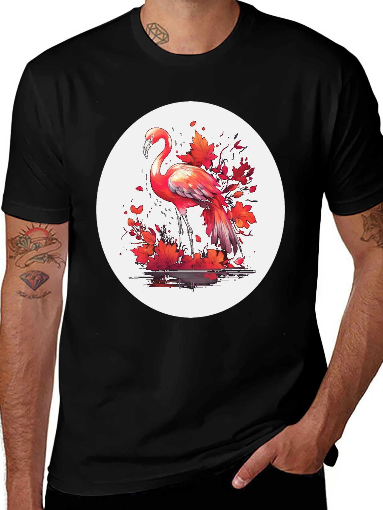 Flamingo T-Shirt: Red Autumn Leaves Design